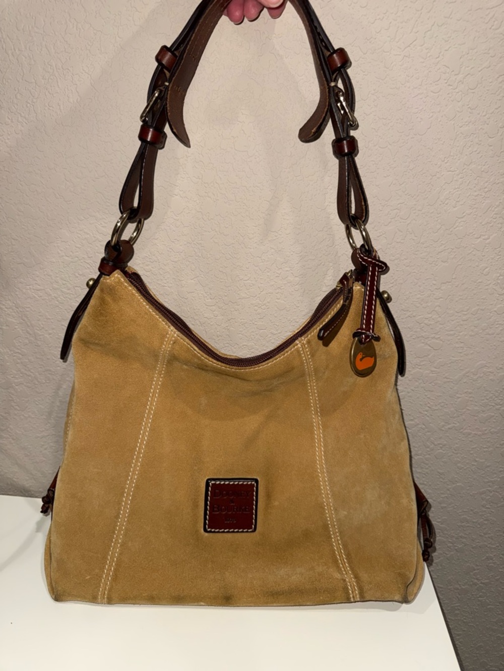 Dooney & Bourke Tan Suede Hobo with Brown Leather Trim